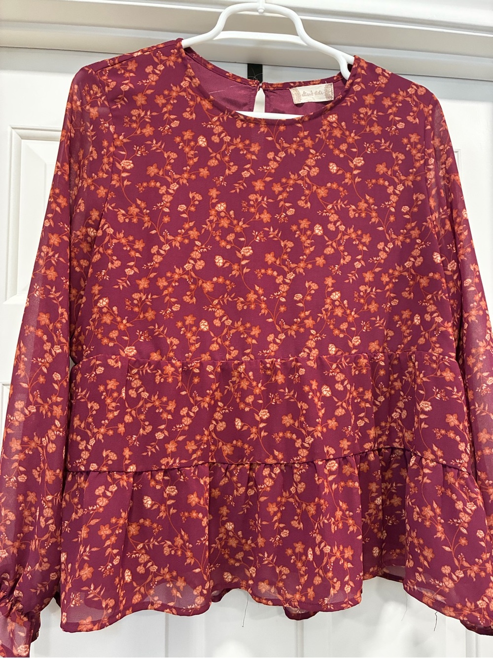 Altar'd State Burgundy Floral Tiered Blouse with Orange Print